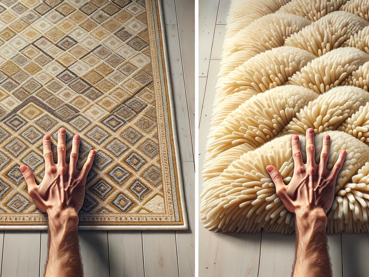 Jämförelse billig matta vs dyr matta — syntetmatta bredvid ullmatta visar skillnad i material