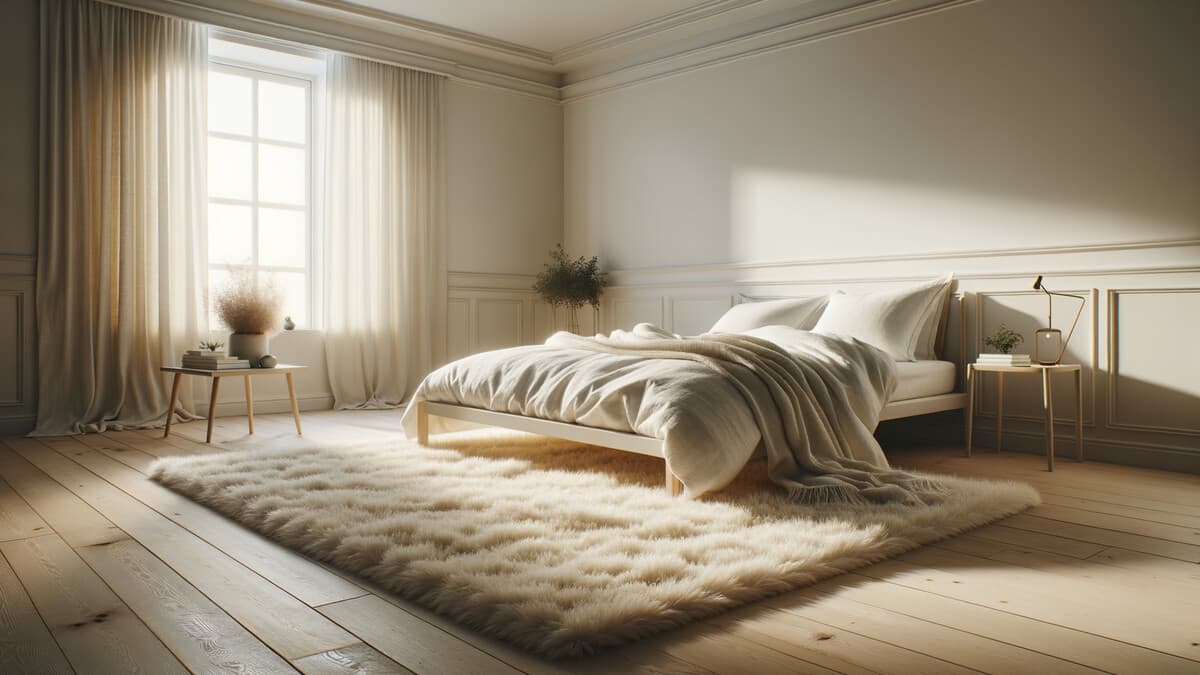 Mjuk billig matta i ett skandinaviskt sovrum med säng och naturligt ljus — billig matta sovrum