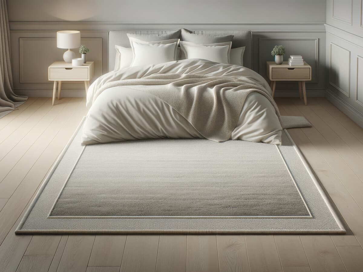 Placering av billig sovrumsmatta vid fotänden av sängen — storleksguide sovrum
