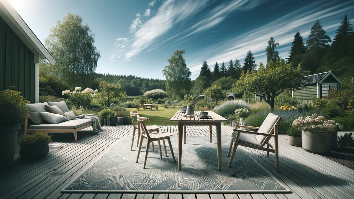 Billig utomhusmatta i polypropen på en solig svensk uteplats med trämöbler — billig utomhusmatta