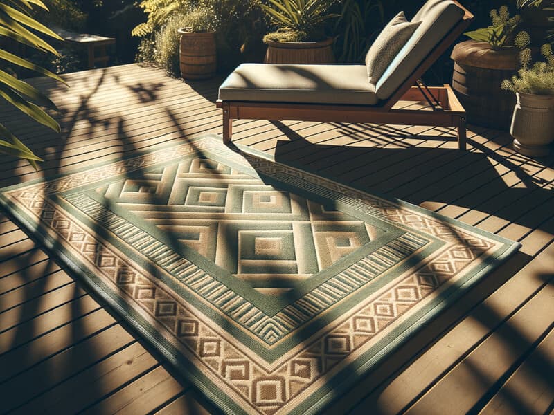 Billig utomhusmatta på en solig svensk uteplats med trämöbler