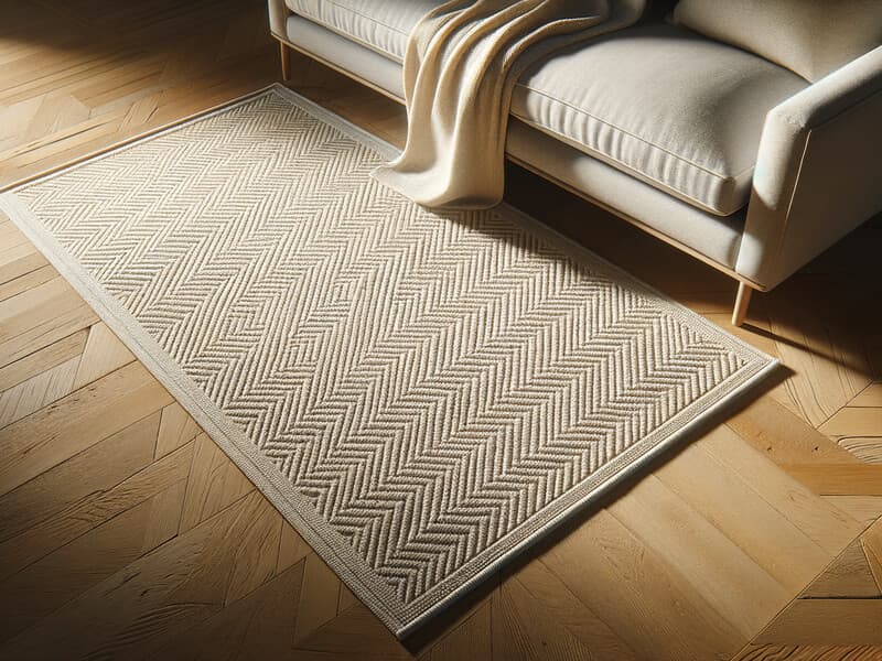 Billig matta i ett skandinaviskt vardagsrum med ljus soffa och trägolv